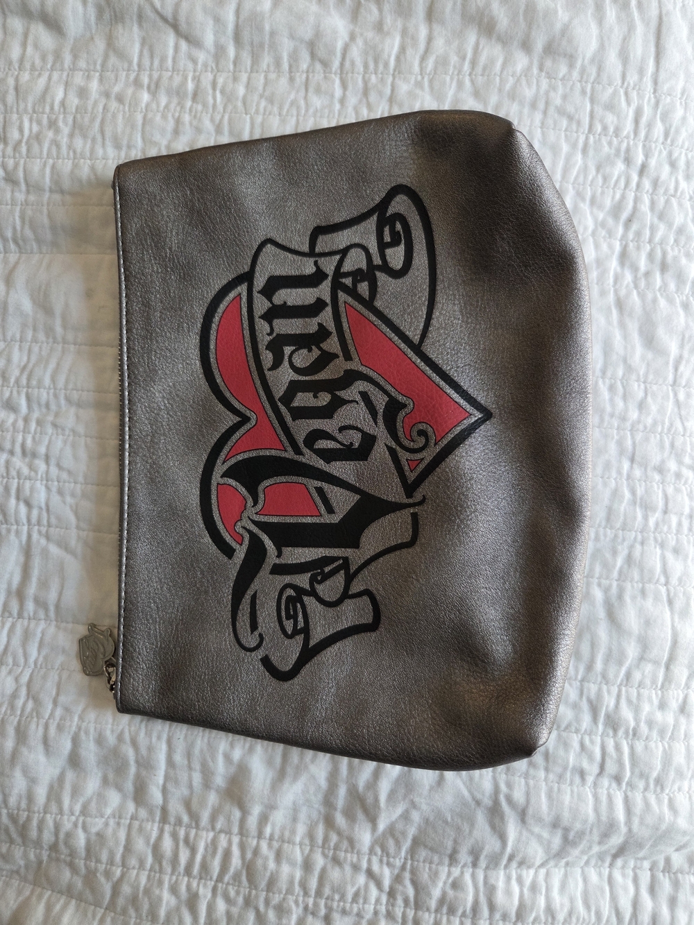 KVD Metallic Gray Cosmetic Bag with Red and Black Graphic